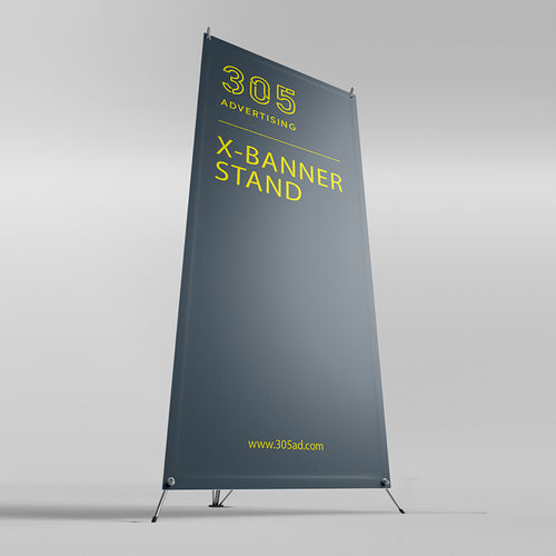 X Banner Stand, printed banner held by x-stand