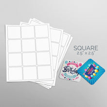 Load image into Gallery viewer, Picture of Sheets of paper with Die-Cut Square Stickers 2x2 in