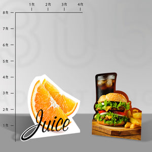 Picture of two stand alone signs, an orange and a hamburger with soda and fries 