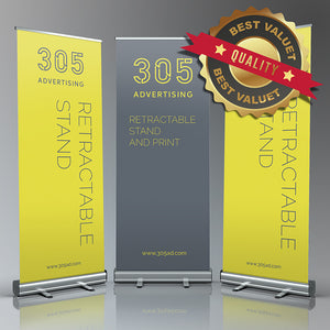 Three banners standing next each other, custom printed banner on roll up stand, best quality, best value seal top right corner