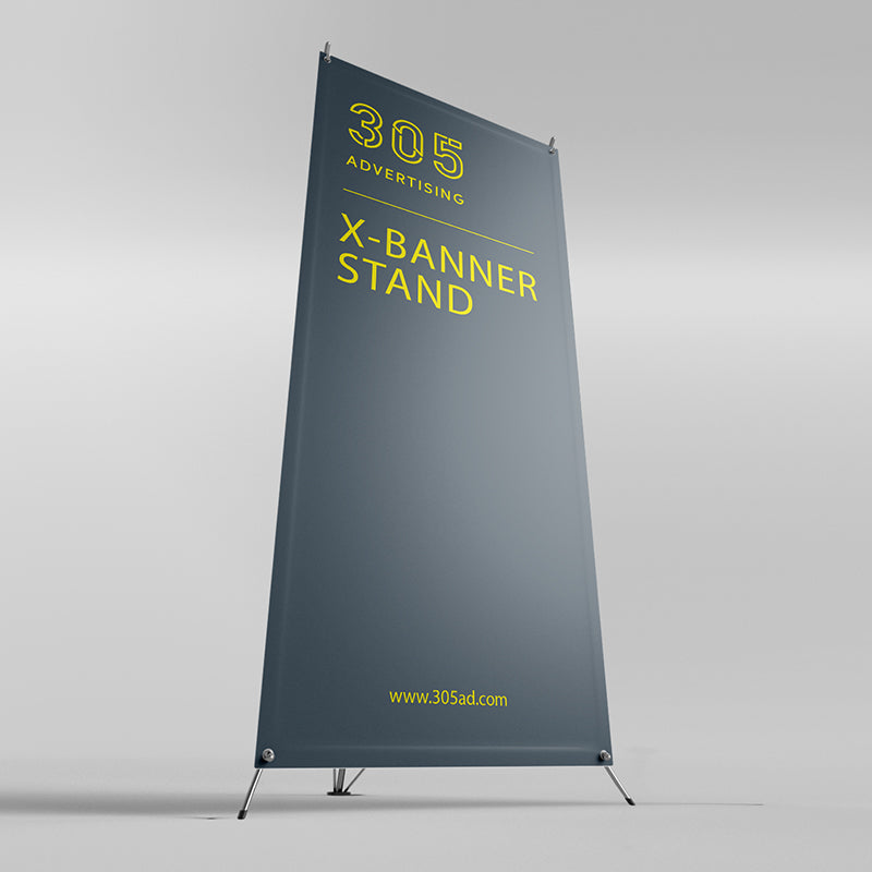 X Banner Stand, printed banner held by x-stand