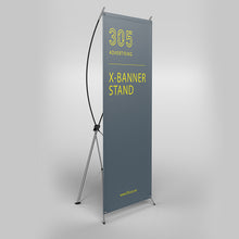 Load image into Gallery viewer, X Banner Stand, printed banner held by x-stand shown from the side