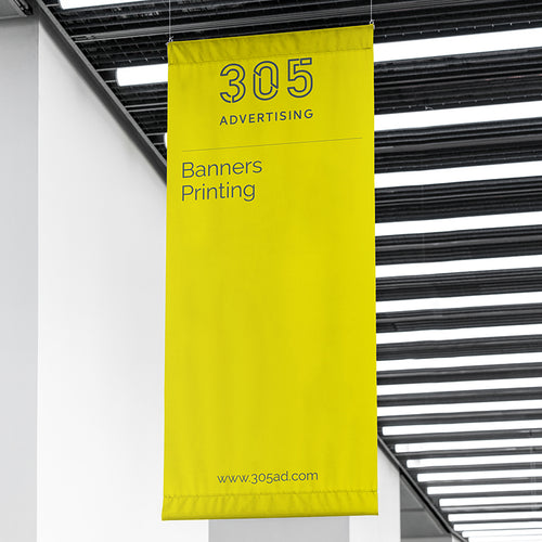 Picture of a printed banner hanging from the ceiling 