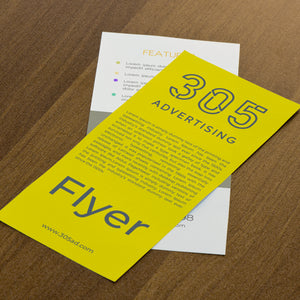 Two flyers on top of each other, back and front of flyers, wood table background