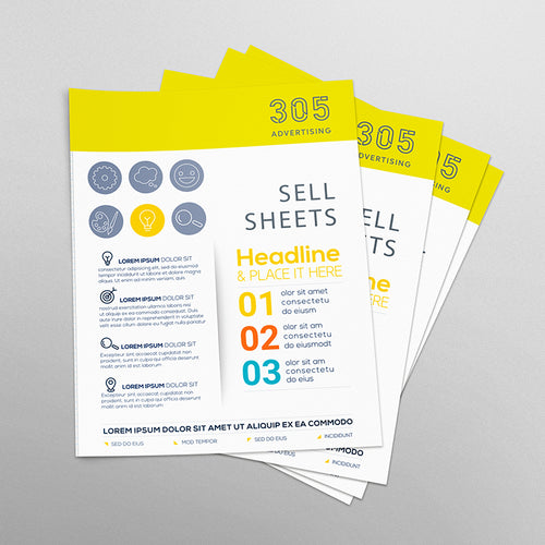 Custom printed sell sheets,  stack of printed sheets